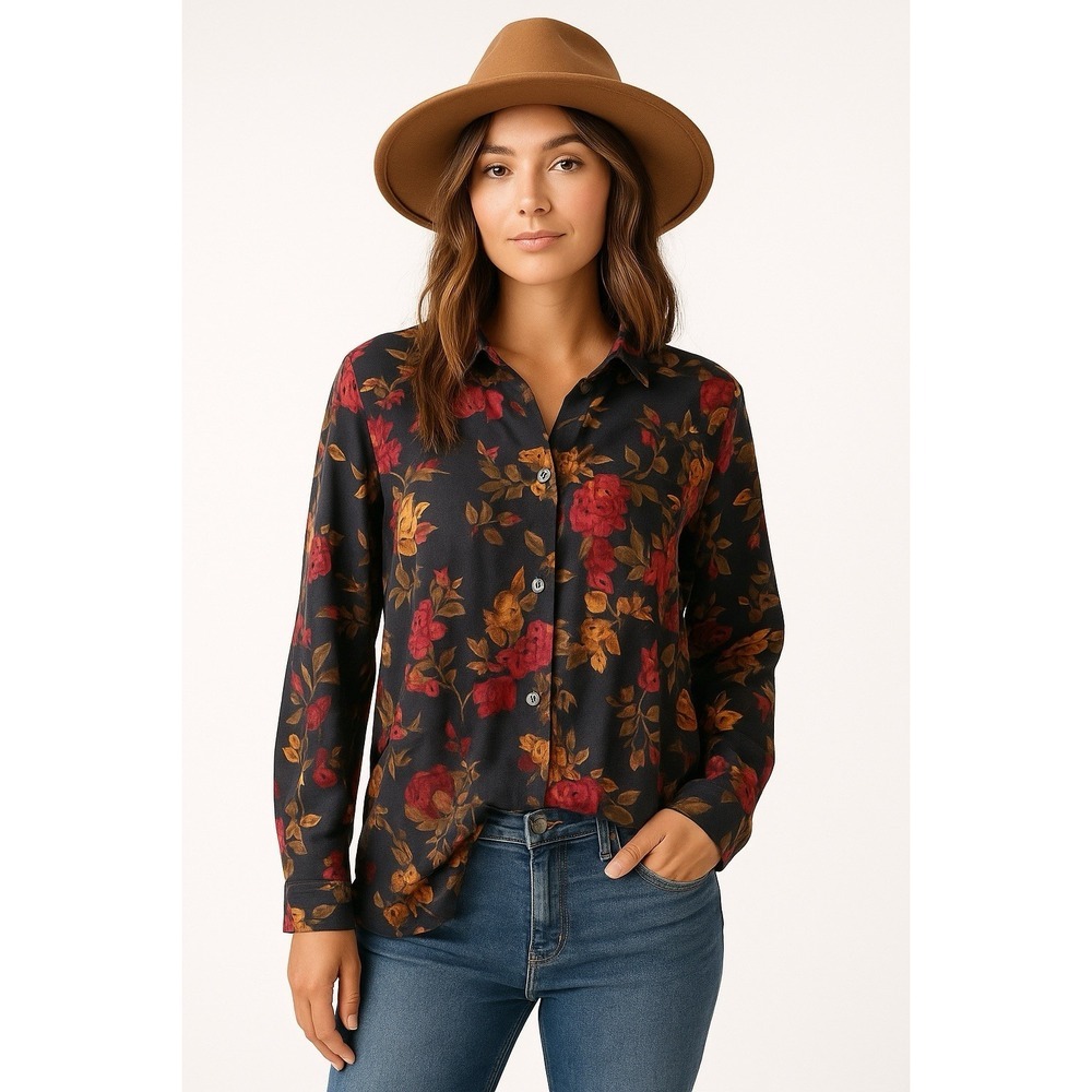 Vtg Judy Knapp‎ 80's 90's Floral Long Sleeve Button up Shirt Black Red Orange L